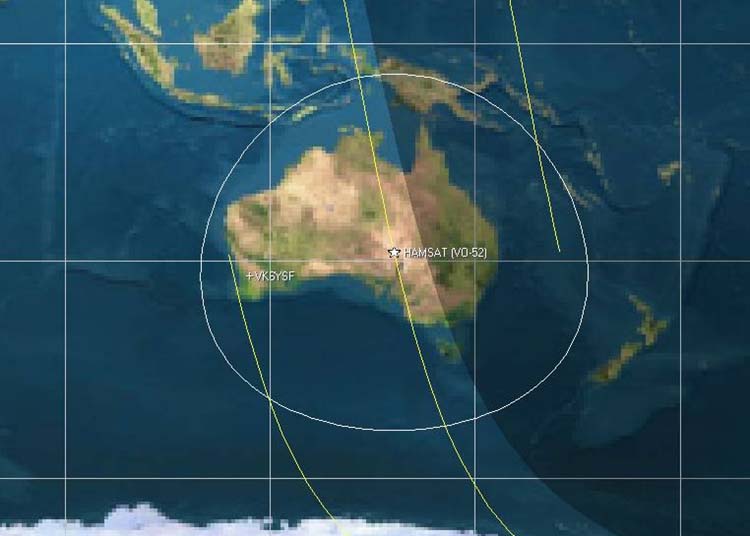 VUSat OSCAR-52 passing over central Australia as predicted with Orbitron. Altitude = 635.428km, Velocity (km/s) = 7.534, Elevation = 7.1Deg, Range = 2 247.76km to Northam Western Australia.